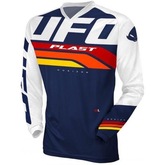 Blue and white long-sleeve jersey featuring bold "UFO" branding, vibrant red and yellow stripes, and a V-neck design, made from lightweight material for comfort.