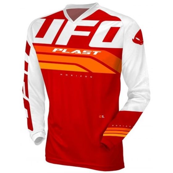 Red and white long-sleeve jersey featuring bold "UFO" branding, a V-neck design, and dynamic graphics in orange and white, made from lightweight, breathable material.