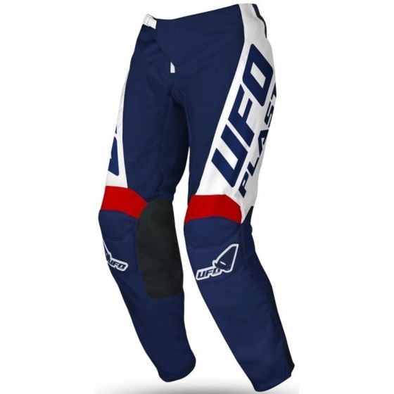 Blue and white motocross trousers featuring red accents, made from durable material with padded knee protection and prominent UFO branding.