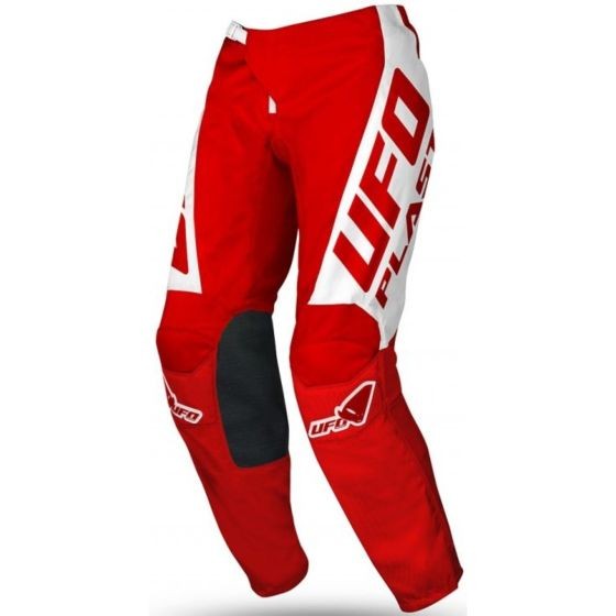 Red and white motocross trousers featuring "UFO" branding, made from durable material with reinforced knee panels for protection and flexibility.