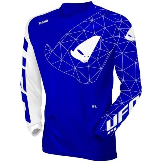 Long-sleeve jersey in blue and white featuring a geometric alien design, made from lightweight material with "UFO" and "Tecno" logos prominently displayed.