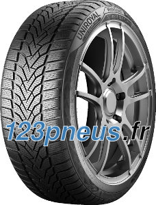 Black winter tire with a detailed tread pattern, labeled "Uniroyal WinterExpert 165/70 R13 79T EVc," featuring a silver alloy wheel design.