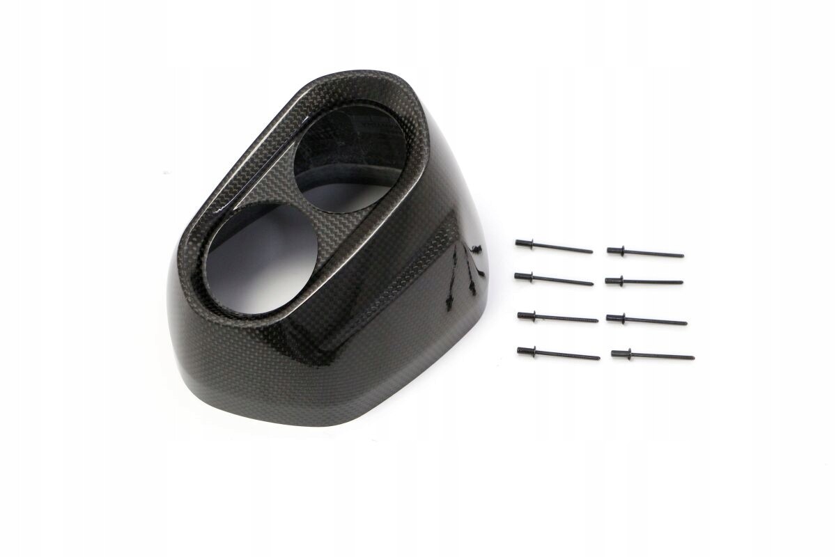 Carbon fiber exhaust end cap for BMW R 1250 GS, featuring a sleek design with two openings and accompanied by six mounting screws.