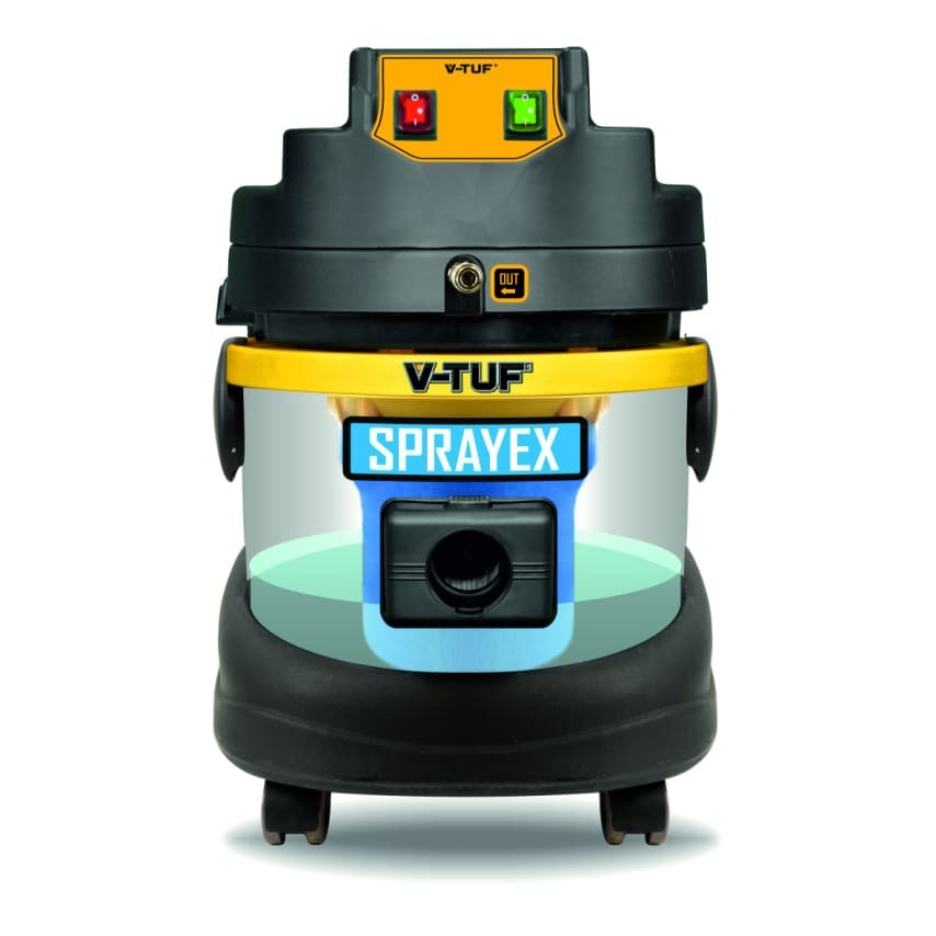 V-Tuf 240V spray-extraction cleaner features a black and yellow design, 21L capacity, 1400W bypass motor, and an 8L detergent tank, with visible control lights and a hose connection.