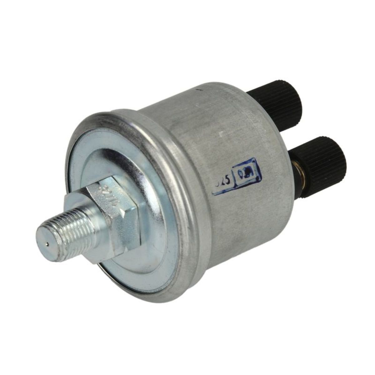 Silver metal sensor with a cylindrical shape, featuring two black connectors and a threaded end, labeled with a blue marking.
