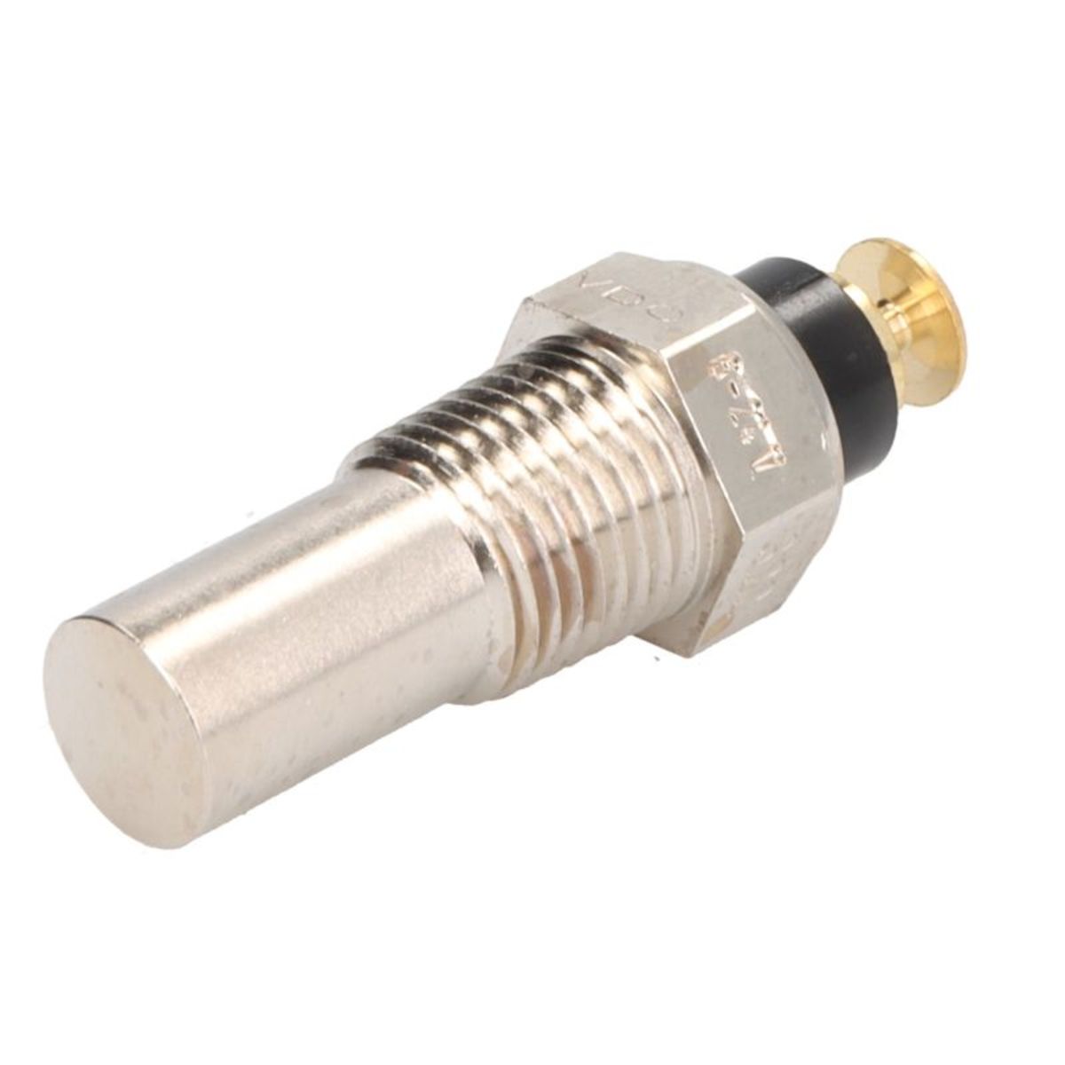 VDO oil temperature sender in silver metal with a cylindrical body, featuring an M10 x 1.0 thread and a gold-colored tip.
