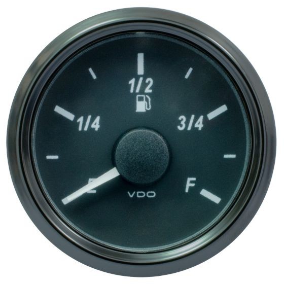 VDO Singleviu fuel level gauge with a black dial, white markings, and a central needle indicator, featuring a chrome bezel and dip tube for electrical connections.