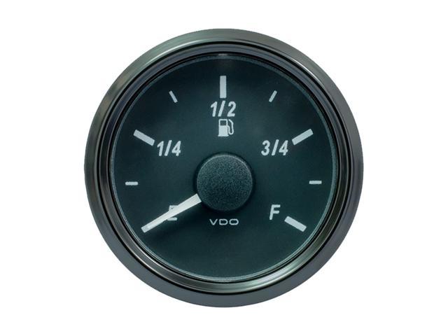 Black circular fuel level gauge with a white E/F scale, featuring a needle indicator and markings for 1/4, 1/2, 3/4, and F, branded with "VDO" at the bottom.