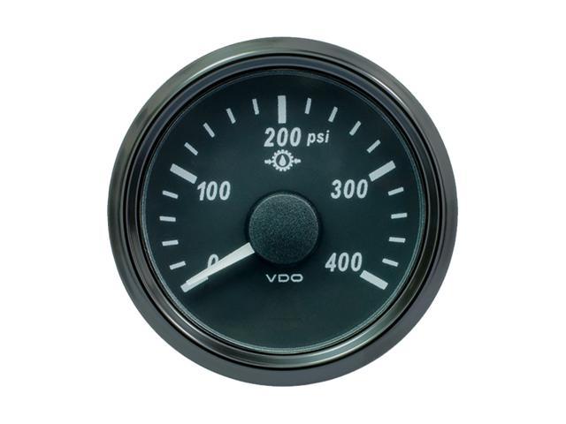 Black 52mm oil pressure gauge with a white dial, marked from 0 to 400 PSI, featuring a central needle and the VDO logo at the bottom.