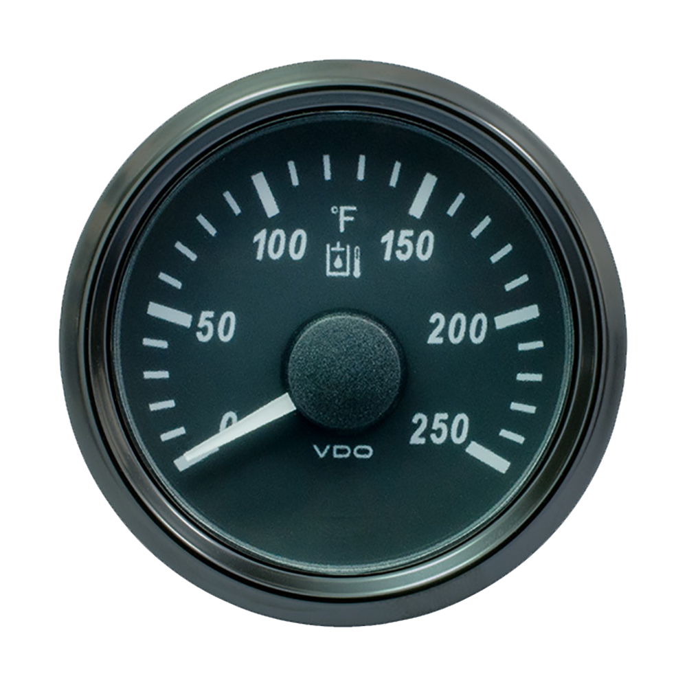 Black 52mm hydraulic oil temperature gauge with a white scale, displaying temperatures from 0 to 250°F, featuring a central needle and the VDO logo at the bottom.