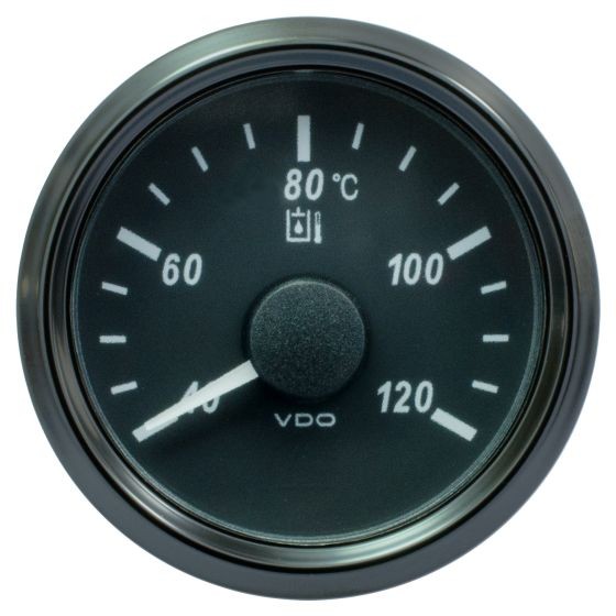VDO Singleviu hydraulic oil temperature gauge with a black dial, white markings, and a needle indicator, measuring temperatures from 40 to 120 degrees Celsius.