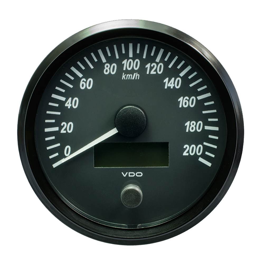 Black circular speedometer with a white dial, markings up to 140 mph, and a digital display at the bottom, featuring a sleek design typical of VDO products.