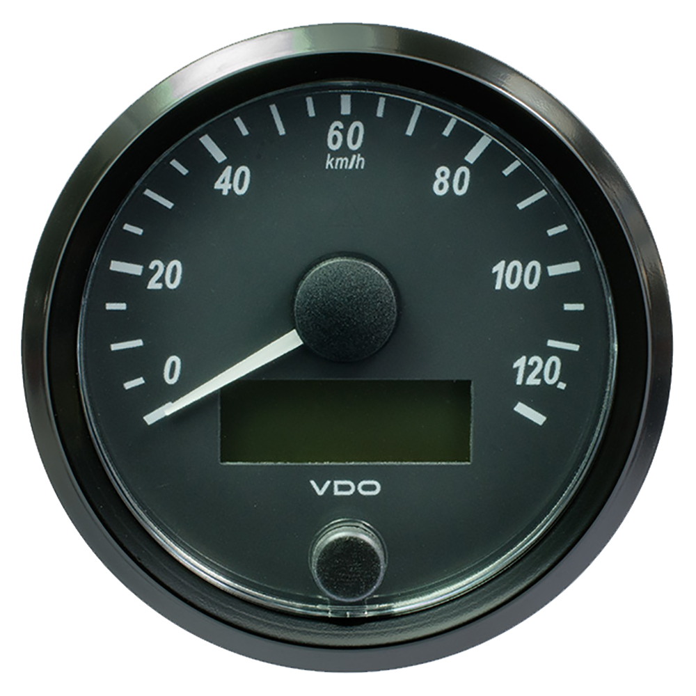 VDO SingleViu 80mm speedometer features a black face with white markings, a central needle, and a digital display, measuring up to 160 MPH with a sleek chrome bezel.