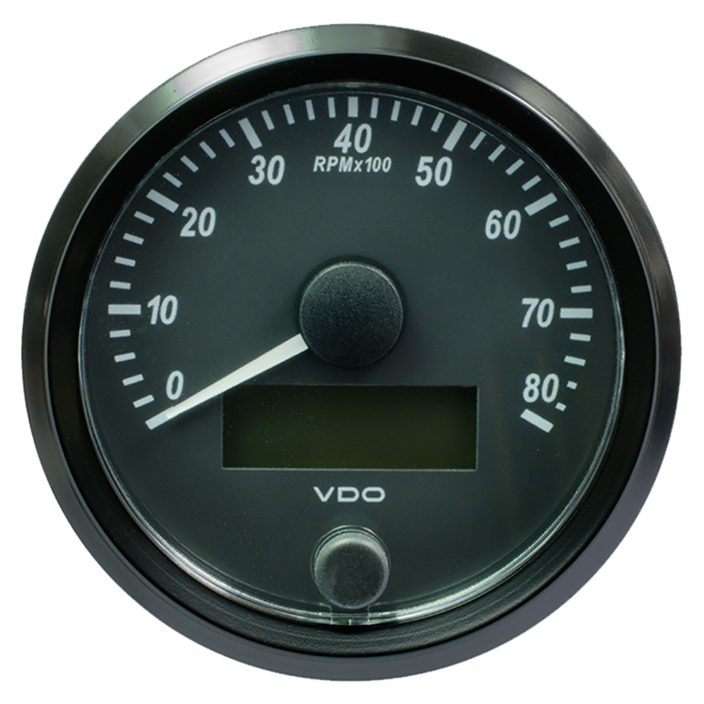 Black 80mm tachometer with a white dial, featuring a needle gauge up to 8000 RPM, digital display at the bottom, and VDO branding at the center.