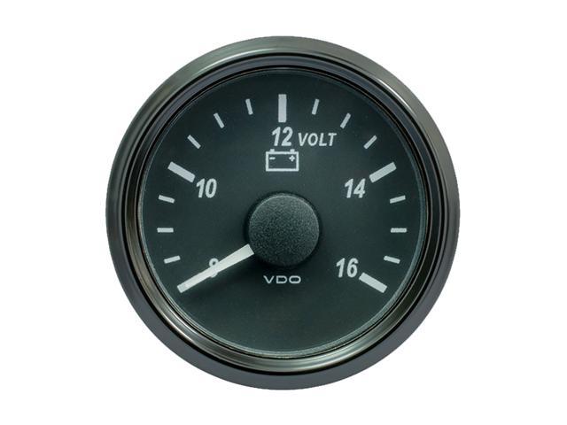 Black 52mm voltmeter gauge with a white dial, marked with 12-volt scale, featuring a central needle indicator and the VDO logo at the bottom.