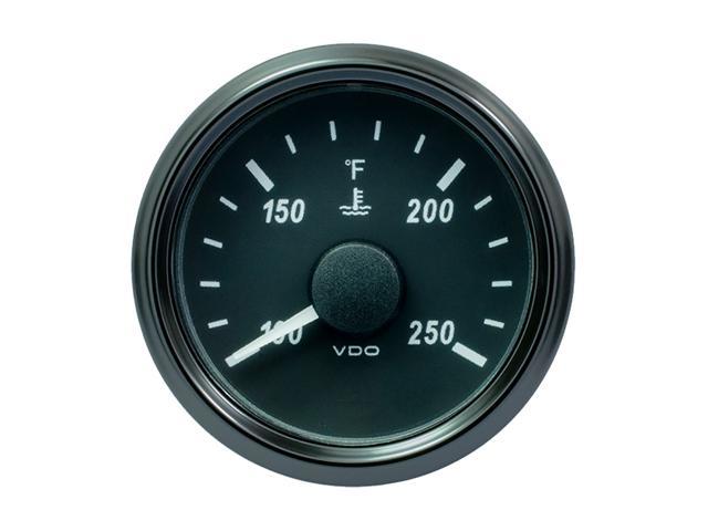 VDO 52mm water temperature gauge features a black face with white markings, a needle indicator, and a temperature range from 250°F to 450°F, encased in a sleek black bezel.