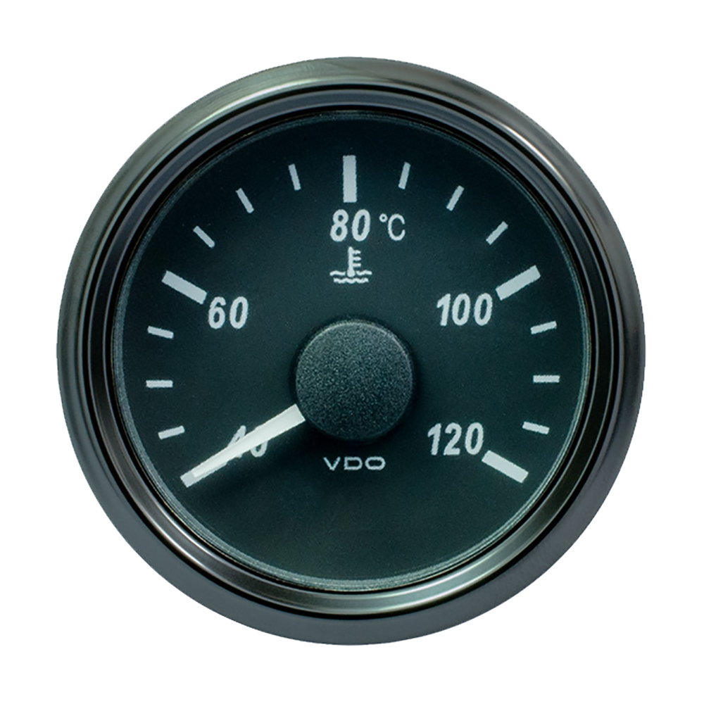 Black 52mm water temperature gauge with a white needle, marked from 0 to 120°C, featuring a water symbol and VDO branding at the bottom.