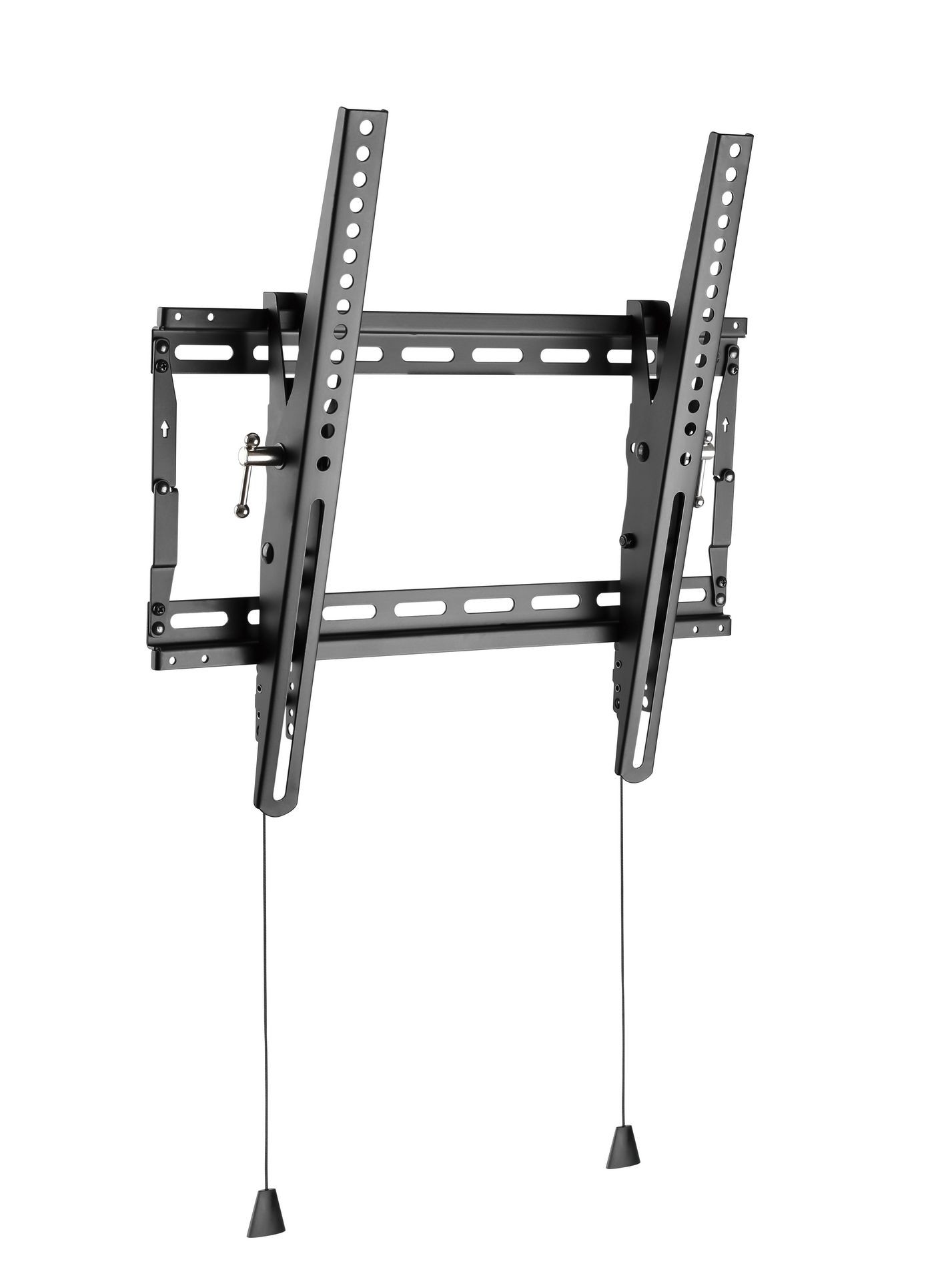 Black metal wall mount with adjustable tilt, featuring multiple mounting holes and support cables for stability, designed for medium-sized monitors.