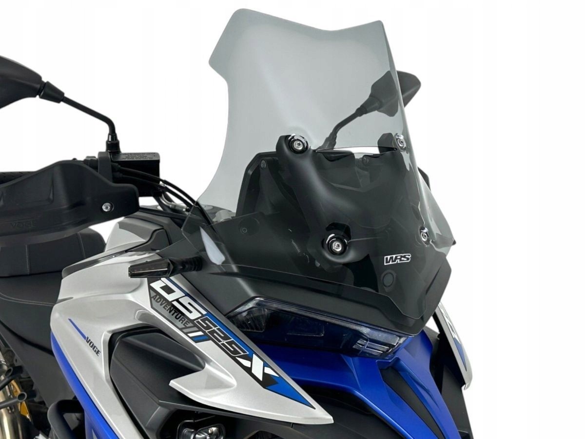 Tinted smoke windscreen for Voge Valico 525, featuring a sleek design, durable material, and adjustable mounting points for enhanced touring performance.