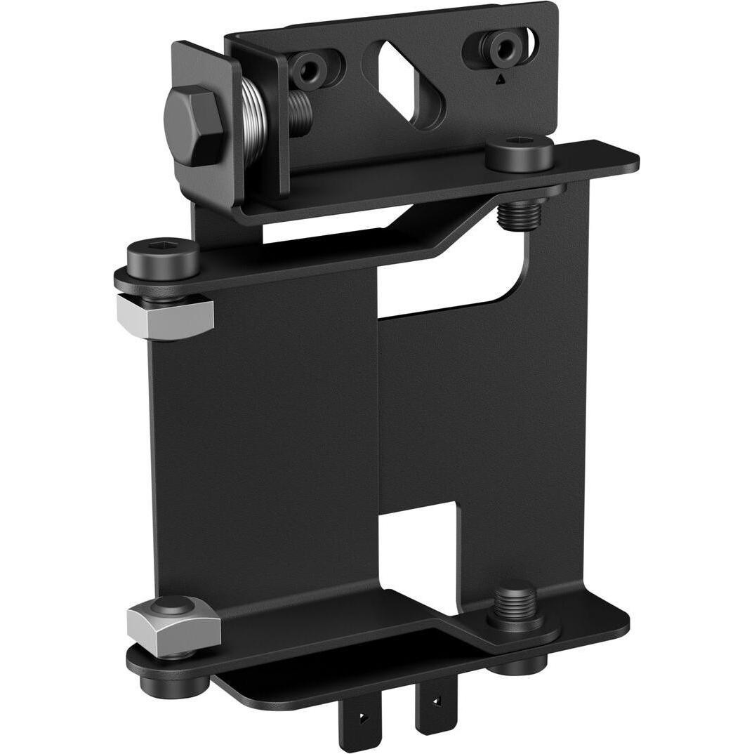 Black metal wall mount bracket with adjustable components, featuring multiple screws and a rectangular cutout for secure installation of audio-visual equipment.