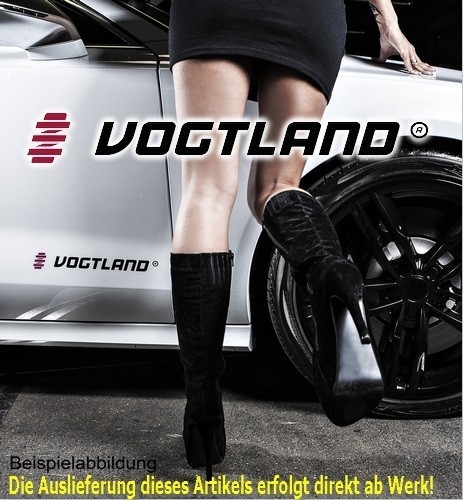 Vogtland Club Lowering Suspension Kit featuring red and black branding, designed to lower vehicle height by 40mm in front and 30mm in rear, displayed alongside a stylish model in high-heeled boots.