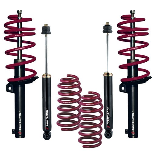 Vogtland Club Lowering Suspension Kit featuring black shock absorbers with red coil springs, designed to lower the front by 50mm and rear by 30mm for enhanced performance.