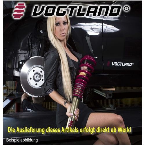 Vogtland Fixed Damping Coilover Kit in metallic purple, featuring adjustable height settings, showcased alongside a sleek car with a black finish and large brake disc.