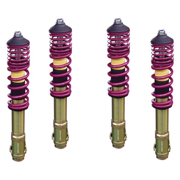 Vogtland Fixed Damping Coilover Kit featuring four shock absorbers with gold metal bodies, purple springs, and black rubber tops, designed to lower vehicles by 35-60mm.