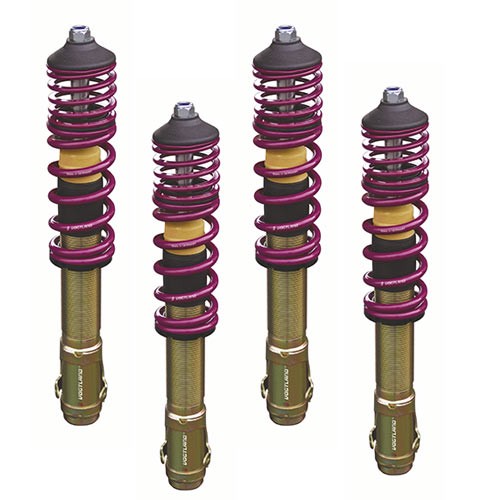 Vogtland Fixed Damping Coilover Kit featuring purple springs, gold shock bodies, and adjustable dampers, designed to lower vehicle height by 25-55mm in the front and 25-50mm in the rear.