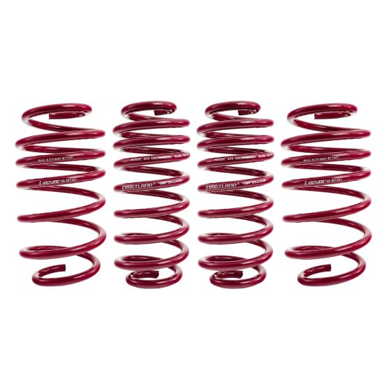 Vogtland Sport Lowering Springs in a vibrant red color, featuring a coil design, designed to lower vehicle height by 50mm for improved handling and aesthetics.