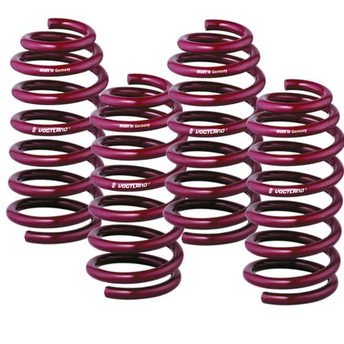 Vogtland Sport Lowering Springs in a vibrant purple finish, featuring six coiled springs designed to lower vehicle height by 45mm in front and 40mm in rear for enhanced performance.