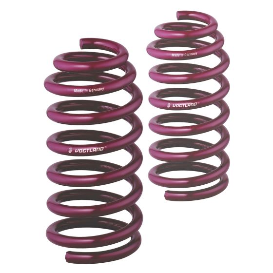 Purple lowering springs with a glossy finish, featuring distinct coil design and "Vogtland" branding, designed to lower the front of a vehicle by 60mm.