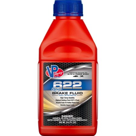 Red plastic bottle of VPF2551 Brake Fluid Racing 622, 500ml, featuring a blue cap, bold white and black label with the VP Racing logo and key product details.