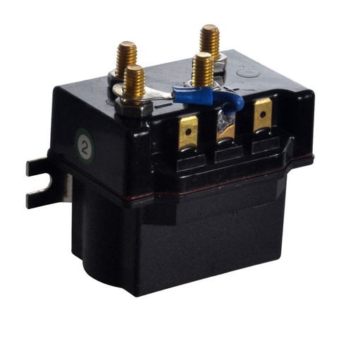 Black plastic winch contactor with four metal terminals, labeled with numbers, featuring a blue wire connector and a compact design for 200Amp, 24V ATV applications.
