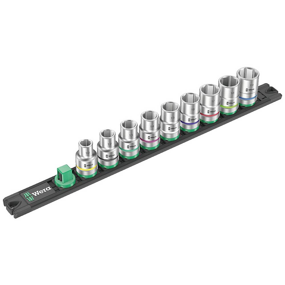 Wera 05005460001 Magnetic Socket Rail C 4 Zyklop Socket Set features a black rail with ten shiny chrome sockets in various sizes, color-coded for easy identification.