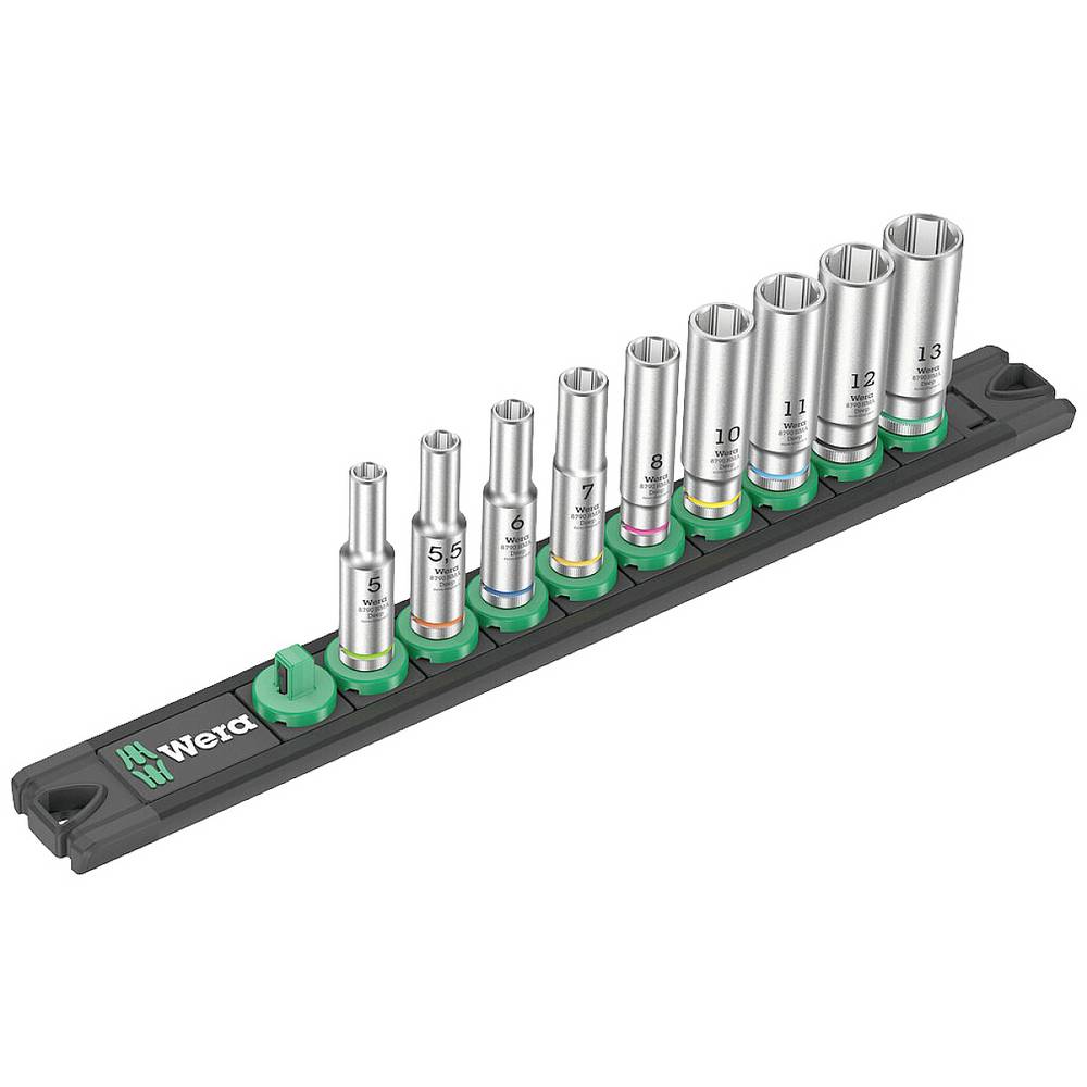 Wera Magnetic Socket Rail featuring a deep 1/4" drive socket set with ten chrome-plated sockets in various sizes, mounted on a black rail with green accents.