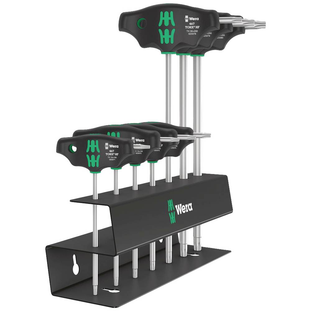 Wera 467/7 TORX® HF T-handle screwdriver set featuring seven black and green screwdrivers with a sturdy metal holder for organized storage.
