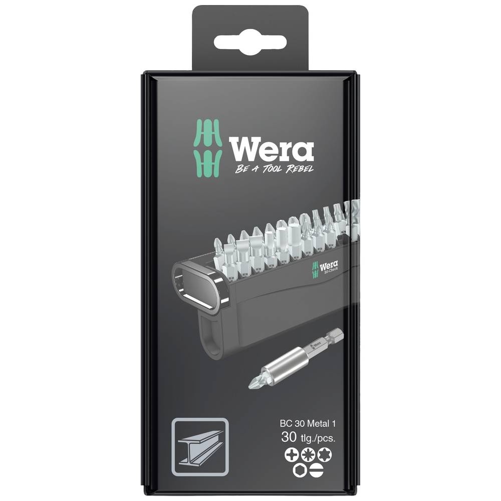 Wera Bit-Check 30 Metal 1 set features 30 chrome-plated bits in a compact black plastic case, with a clear front showcasing the bits and Wera branding in green.
