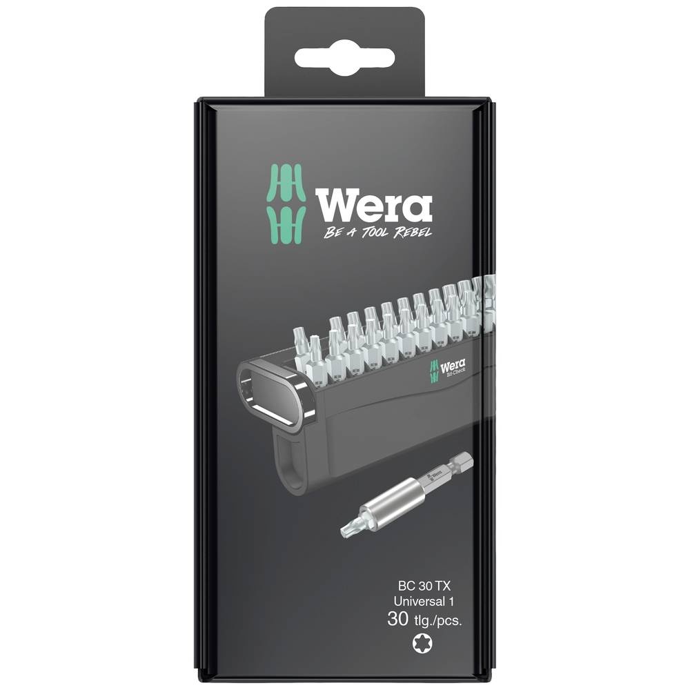 Wera Bit-Check 30 TX Universal set in a black packaging with a clear display, featuring 30 steel bits and a silver magnetic holder, showcasing the Wera logo prominently.