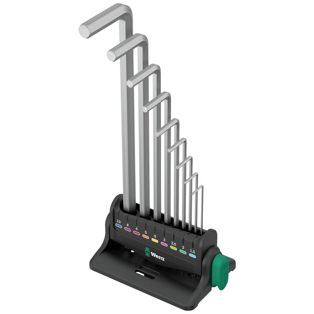 Wera 950/9 Hex-Plus L-key set featuring eight chrome-plated metric keys in a black holder with color-coded sizes and a green locking mechanism.