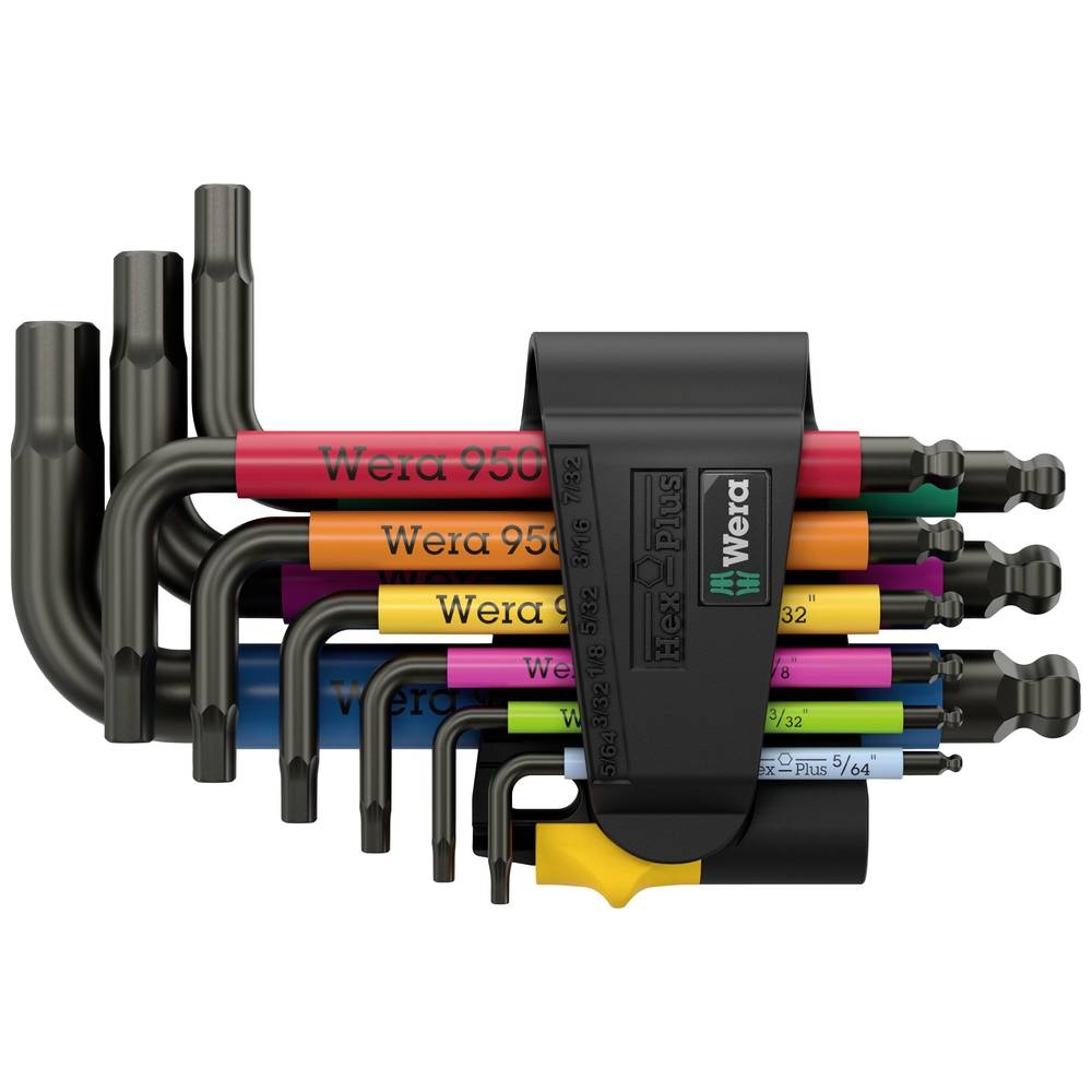 Wera 950/9 Hex-Plus Multicolour Imperial L-key set featuring nine hex keys in vibrant colors, housed in a black holder with a yellow base for easy access and organization.