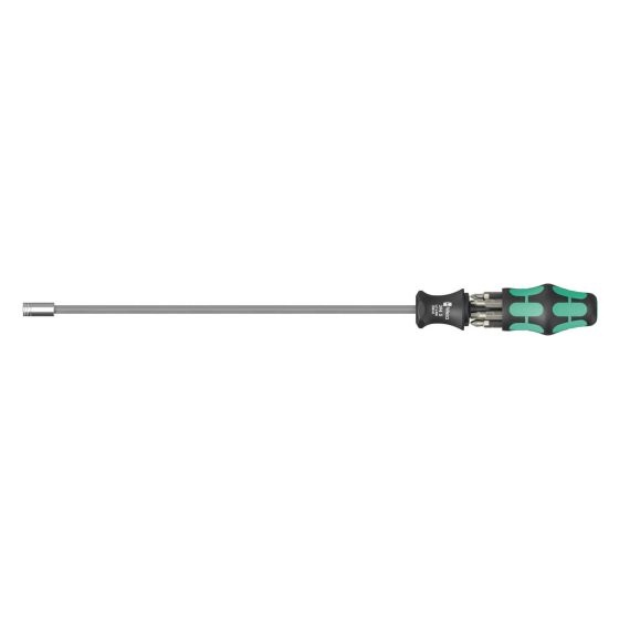 Wera Kraftform Kompakt 27 XL screwdriver set with a black and green ergonomic handle, 300 mm long shaft, and a bitholding feature for versatile use, includes 7 pieces.