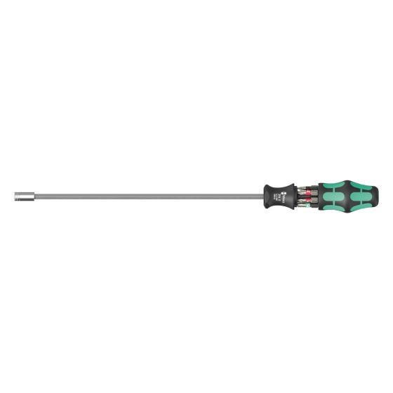 Wera 7-piece bit holder set featuring a black and green ergonomic handle, designed for Phillips, Pozidriv, and Torx bits, with a long, durable metal shaft.