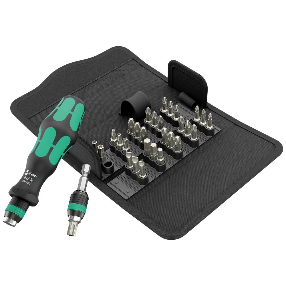 Wera Kraftform Kompakt 70 set features a green and black ergonomic screwdriver with a variety of 32 interchangeable bits, housed in a compact black storage case.