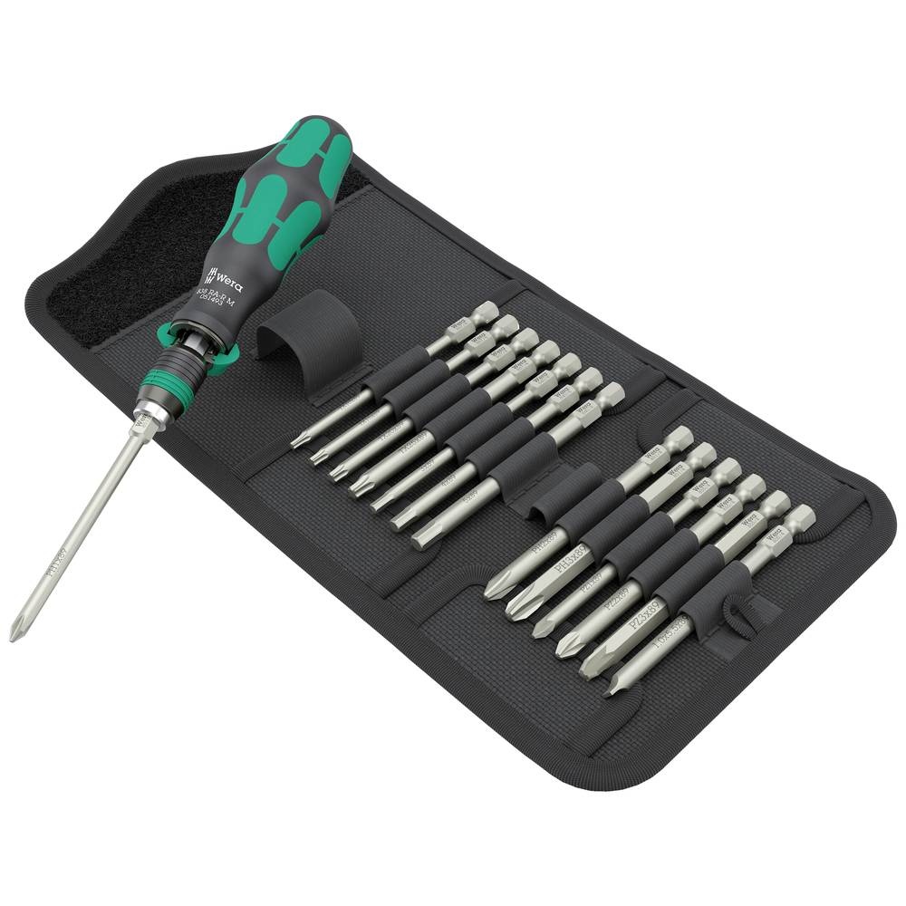 Wera Kraftform Kompakt 838 RA-R M set with 15 pieces, featuring a green and black ergonomic screwdriver and various interchangeable bits, neatly organized in a black fabric case.