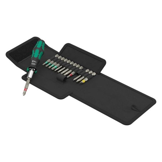 Wera Bit Holder set featuring a green and black screwdriver with a textured grip, accompanied by 14 interchangeable bits stored in a black foldable case.