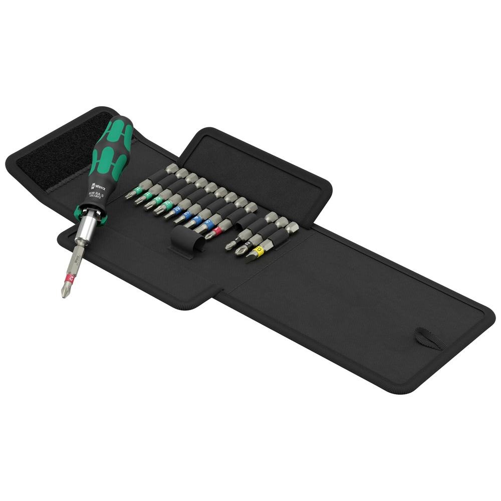 Wera Kraftform Kompakt 838 RA S Set with a green and black ergonomic screwdriver and 14 color-coded bits, neatly stored in a black fabric case.