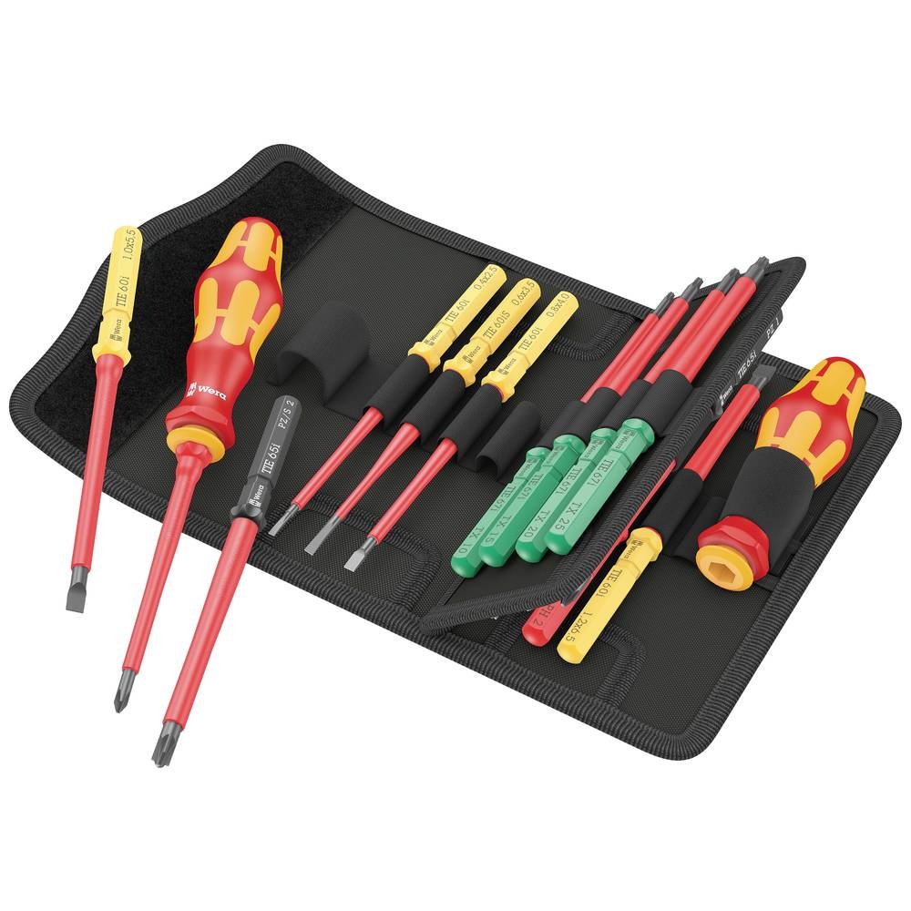 Wera Kraftform Kompakt VDE 17 tool set featuring yellow and red insulated screwdrivers and green and black tools, neatly organized in a black fabric pouch.