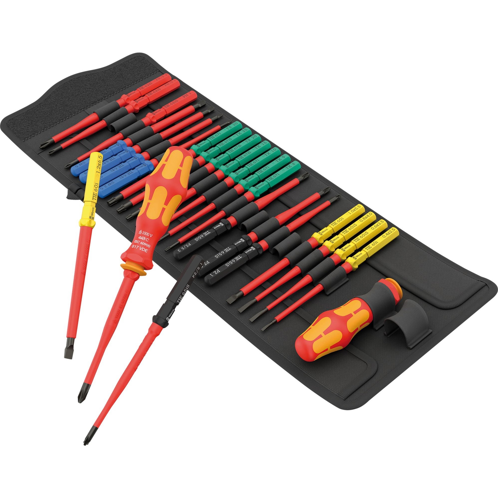 Wera Kraftform Kompakt VDE Big Pack with 26 insulated screwdrivers and tools in a black roll-up case, featuring red and yellow handles for easy identification and use.