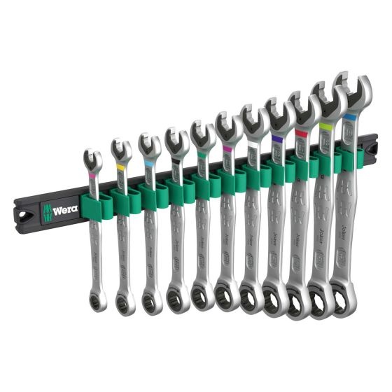 Wera 11-piece ratcheting combination wrench set displayed on a magnetic rail, featuring chrome-plated steel wrenches with color-coded ends for easy identification.